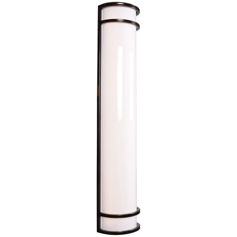 Cylindrical light fixture with a black frame and a white glass cover on a white background