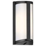 Black outdoor wall light fixture with white glass on a white background