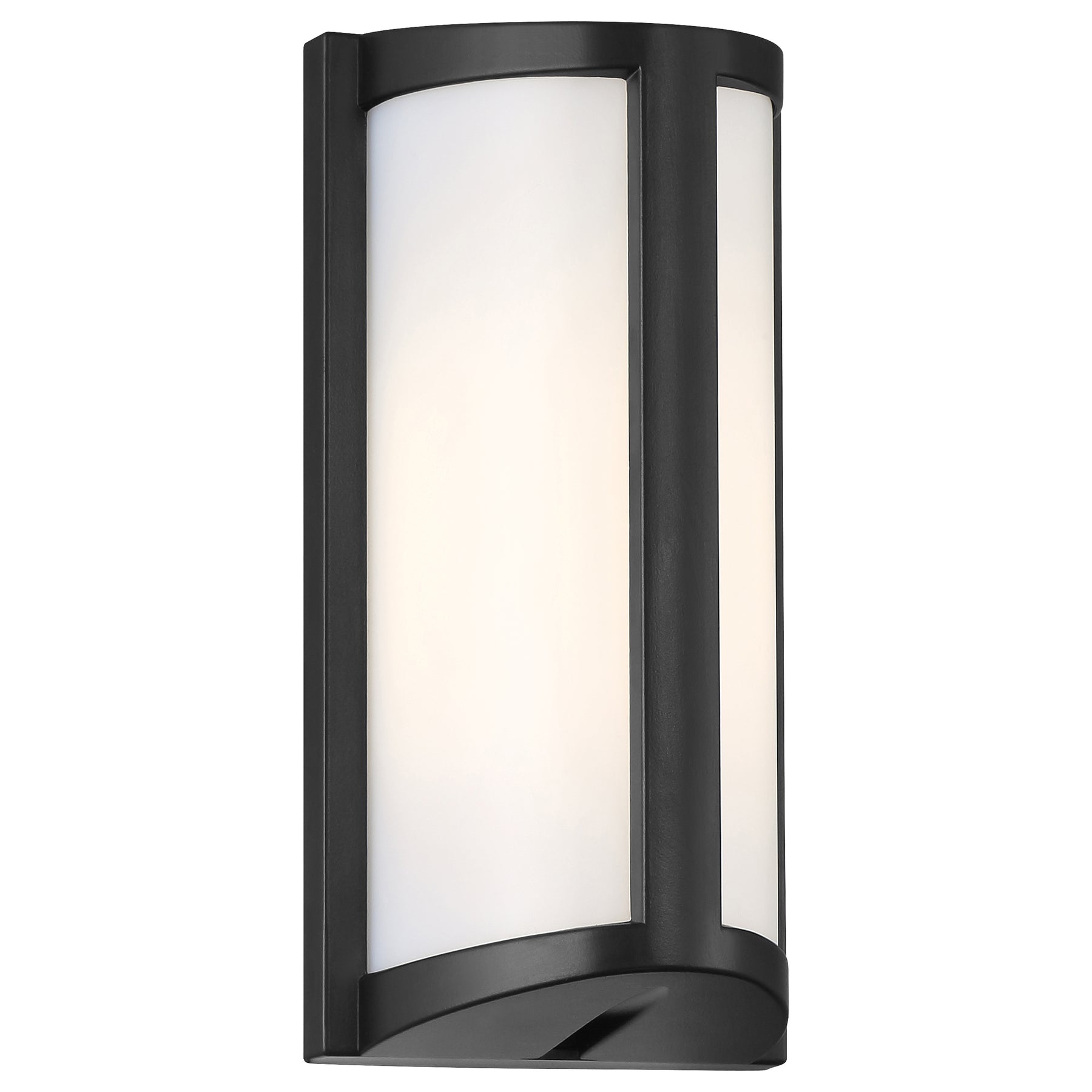 Black outdoor wall light fixture with white glass on a white background