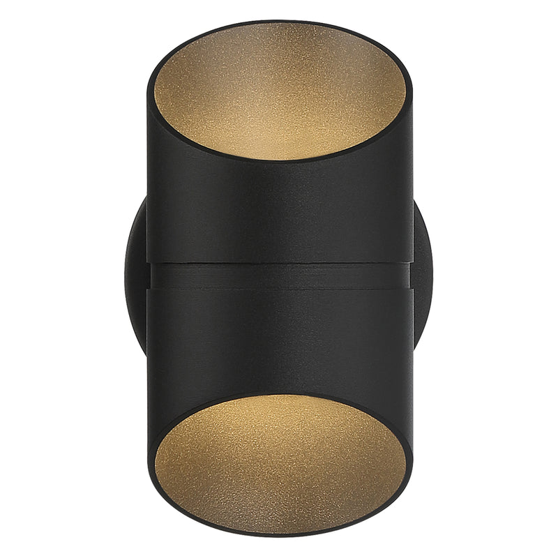 Black cylindrical light fixture on a white background