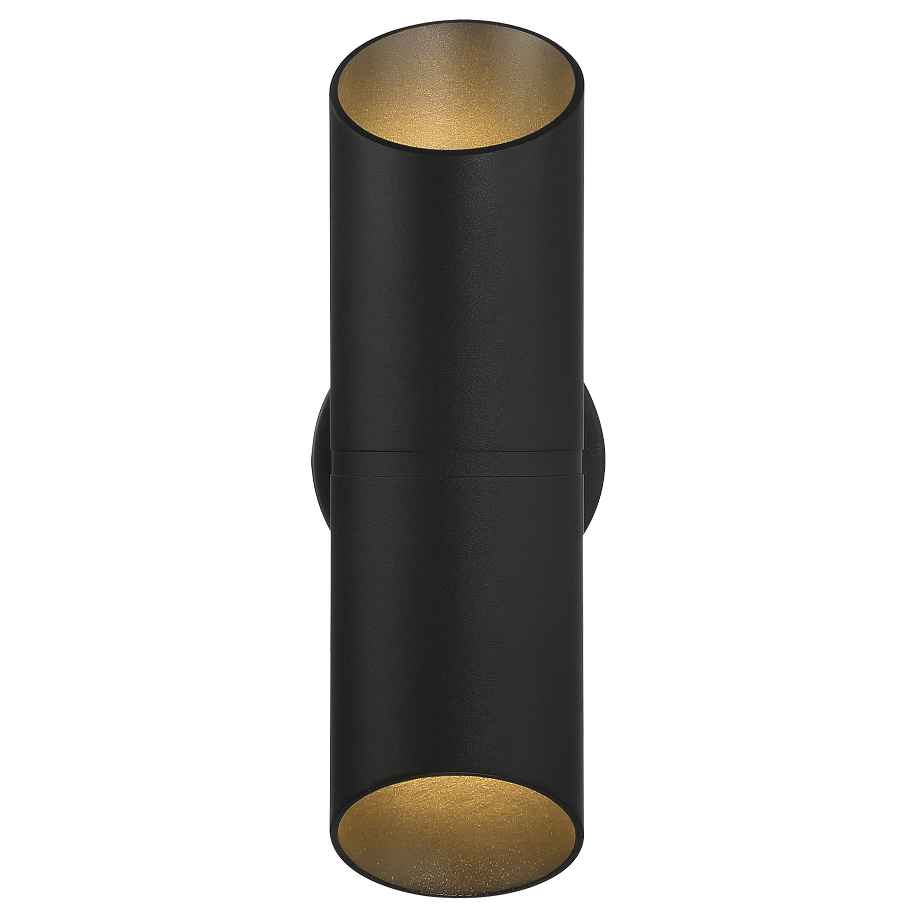 Black cylindrical light fixture with gold interior on a white background
