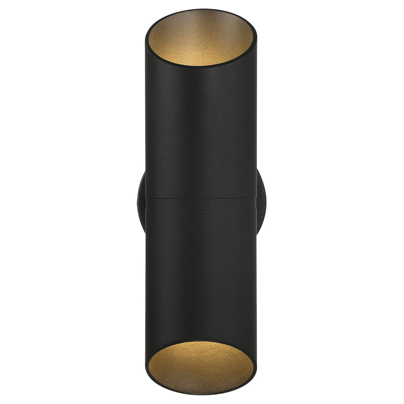 Black cylindrical light fixture with gold interior on a white background