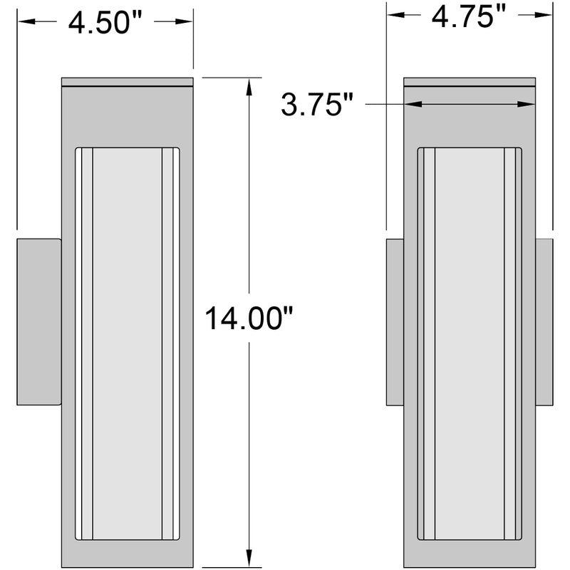 Dimensions of a rectangular wall mount light with labeled measurements on a white background