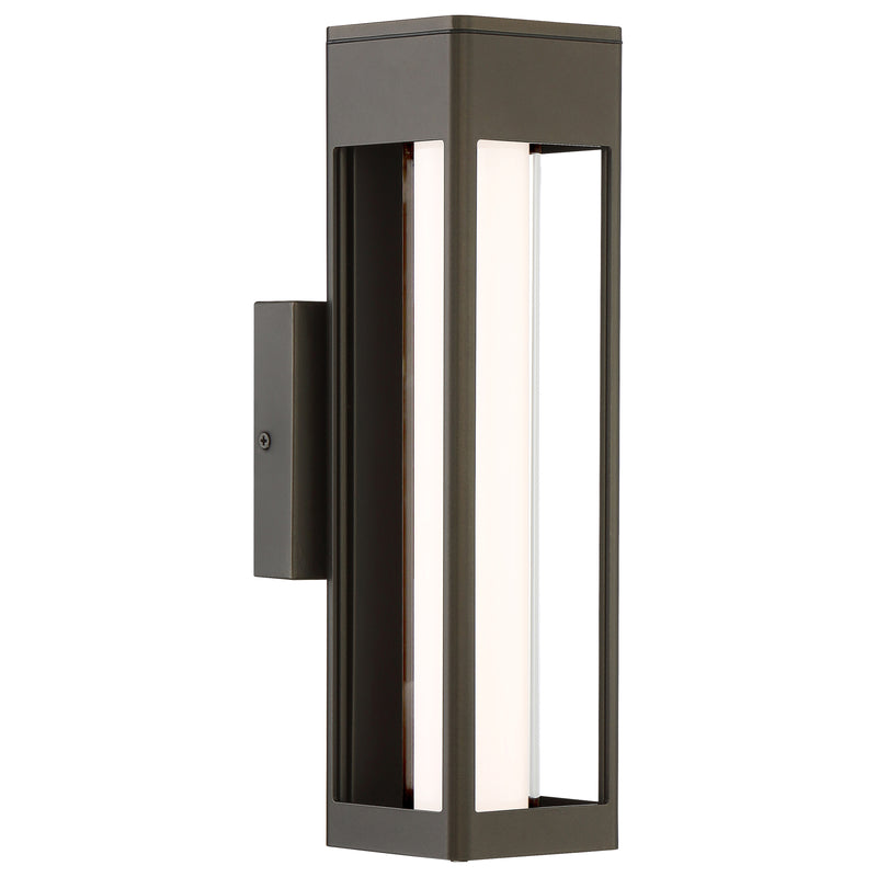 Modern outdoor wall light fixture with  oil brushed bronze finish on a white background