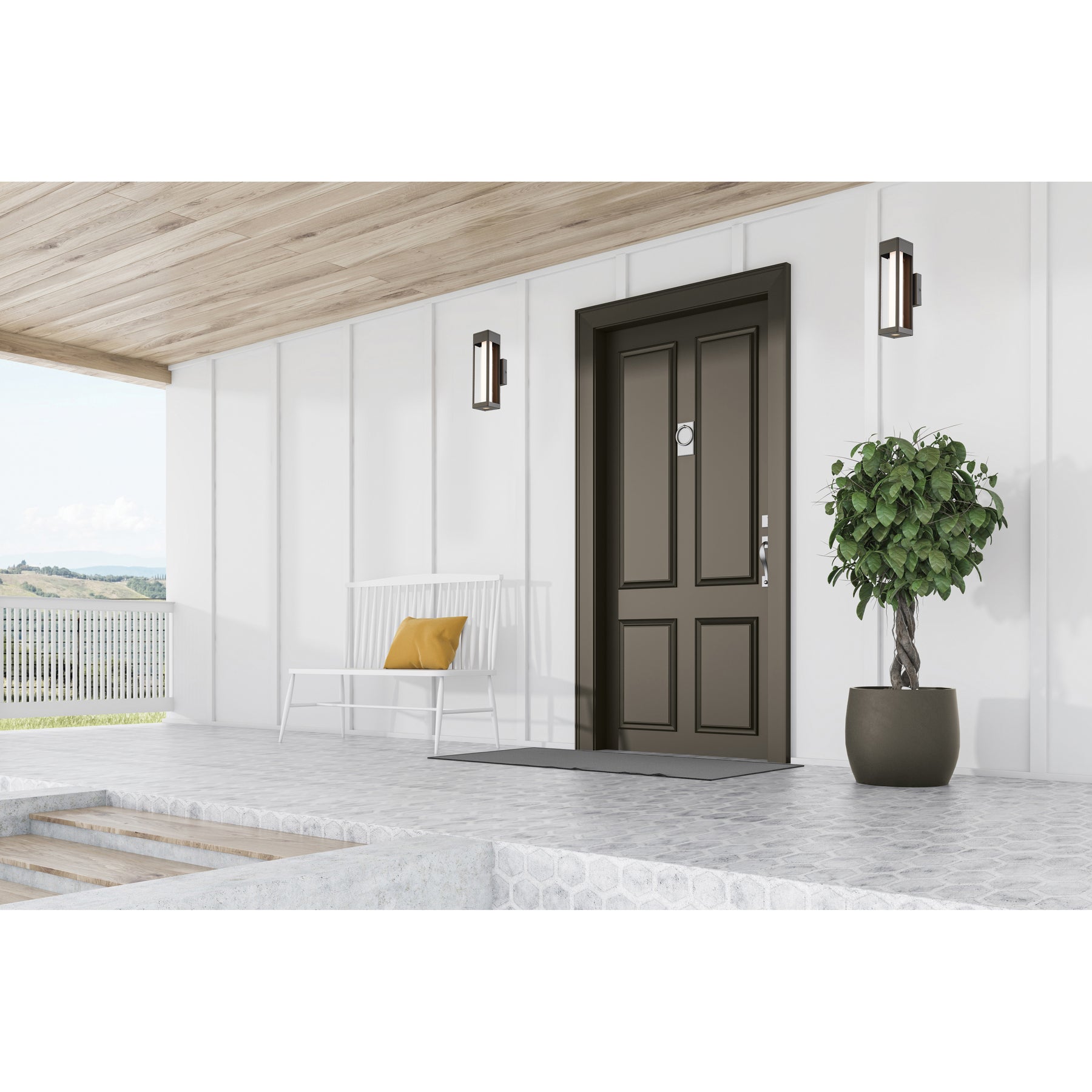 Modern front door with a plant and bench on a white wall