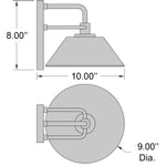 Technical drawing of a wall-mounted light fixture with dimensions labeled.