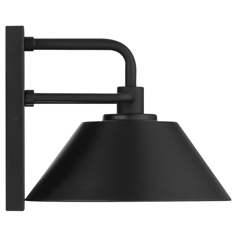 Black wall-mounted lamp with a conical shade on a white background