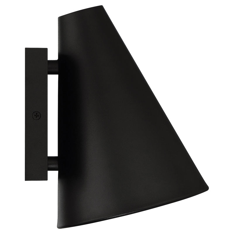 Black wall-mounted lamp with a modern design on a white background