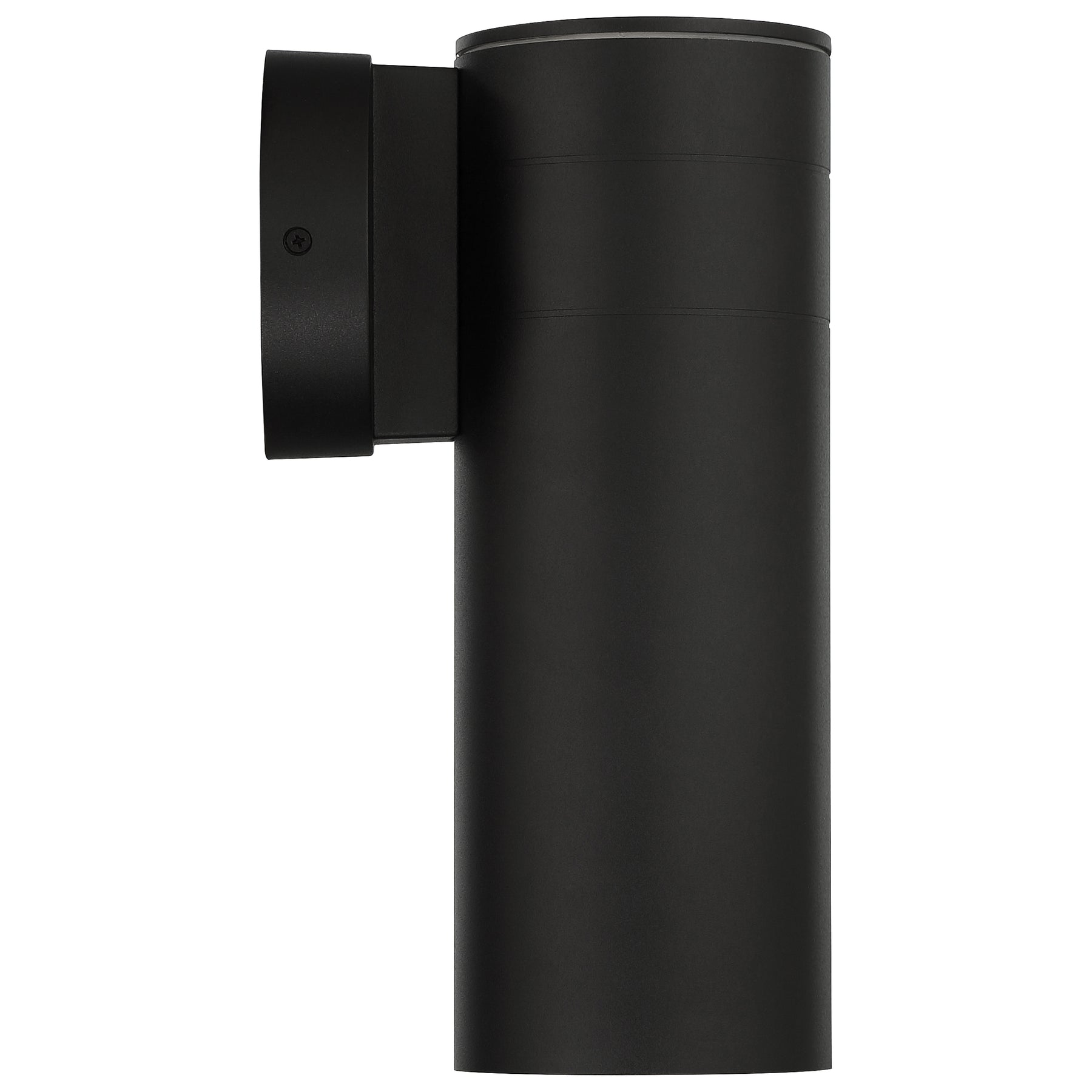 Black cylindrical wall-mounted light fixture on a white background