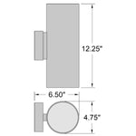 Dimensions of a rectangular and round metallic wall light on a white background
