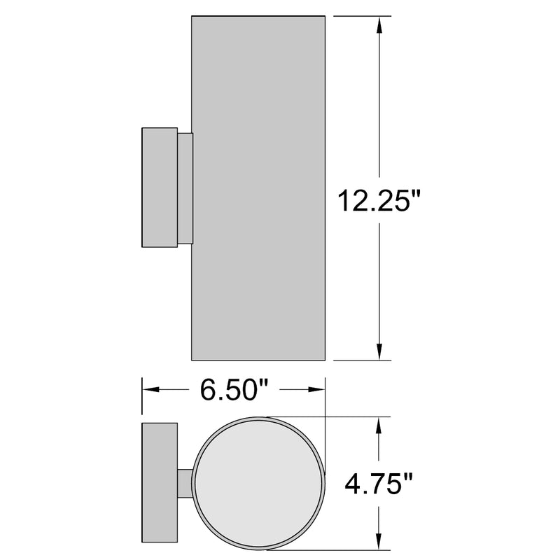 Dimensions of a rectangular and round metallic wall light on a white background