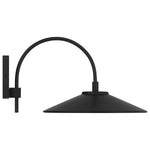 Black wall-mounted lamp with curved arm on a white background