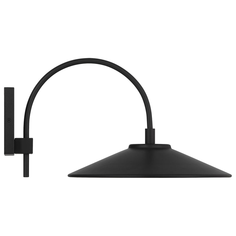 Black wall-mounted lamp with curved arm on a white background