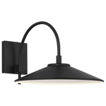 Black outdoor wall light fixture with curved arm on a white background