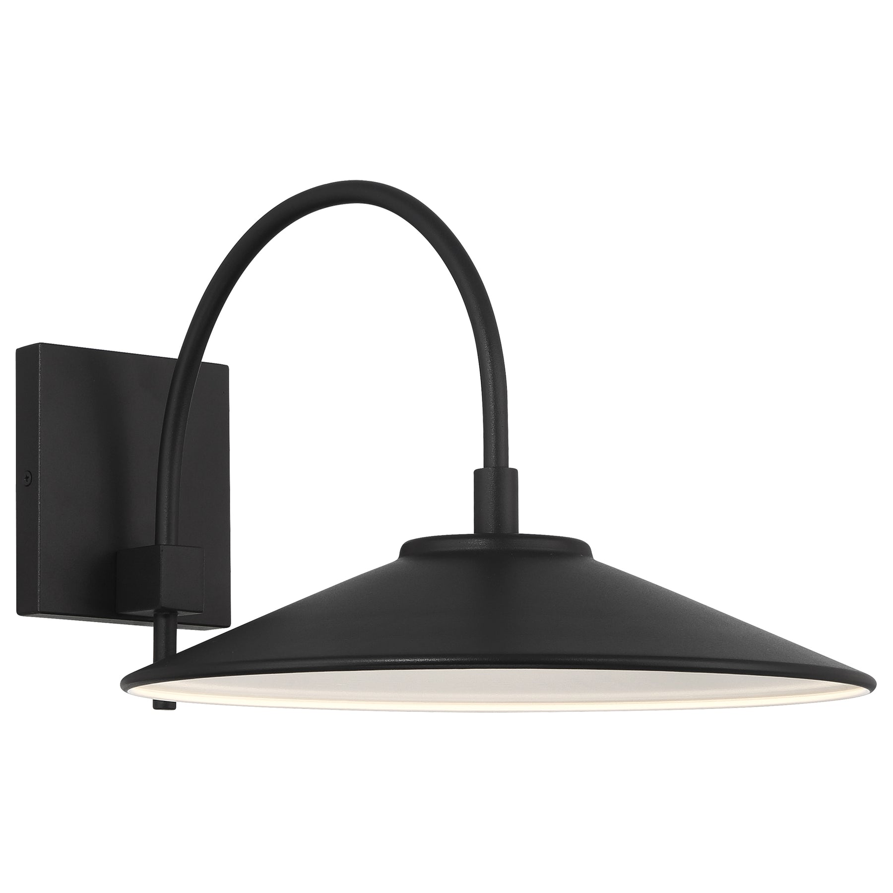 Black outdoor wall light fixture with curved arm on a white background
