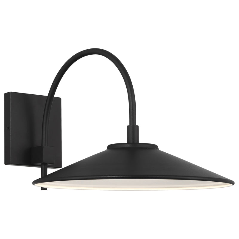 Black outdoor wall light fixture with curved arm on a white background