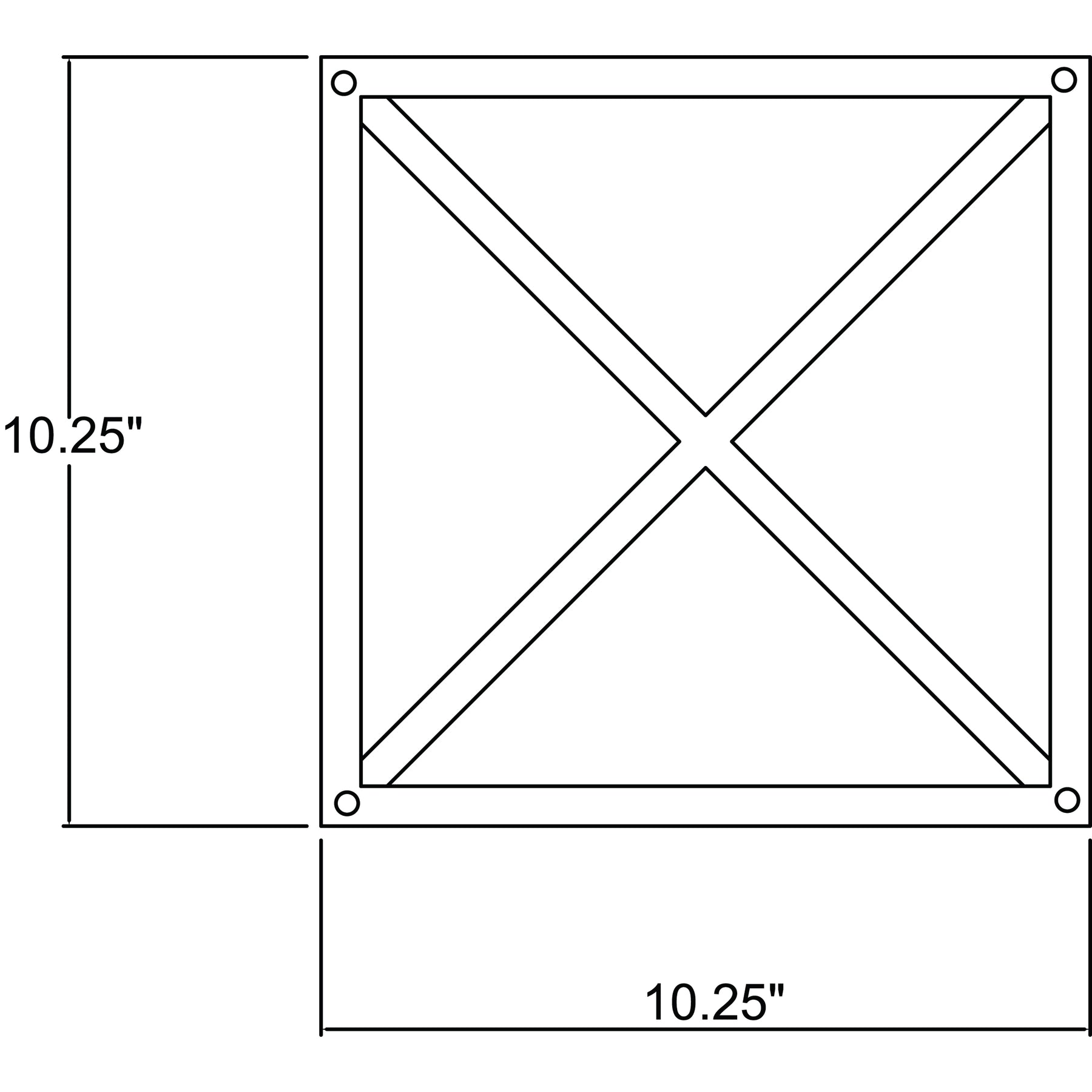 Measurement chart with a square and cross lines, labeled '10.25"'.
