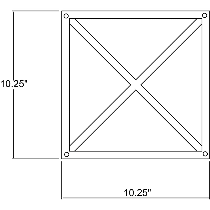 Measurement chart with a square and cross lines, labeled '10.25"'.