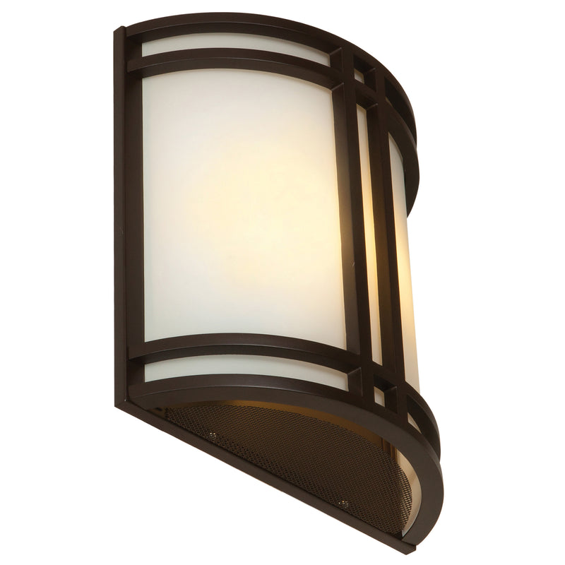 Decorative wall light fixture with a bronze frame on a white background