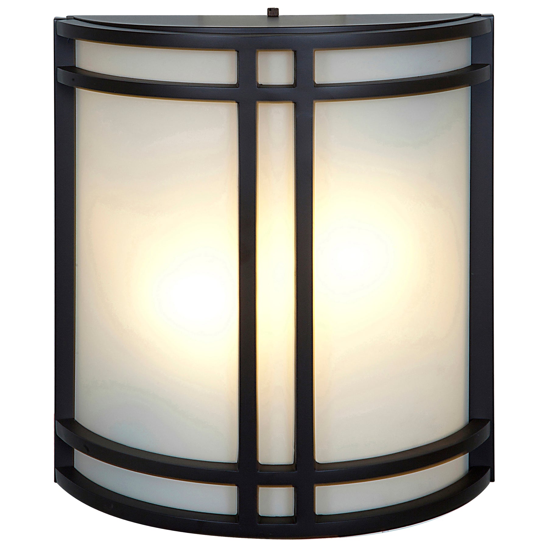 Decorative wall sconce with bronze frame and white glass on a white background