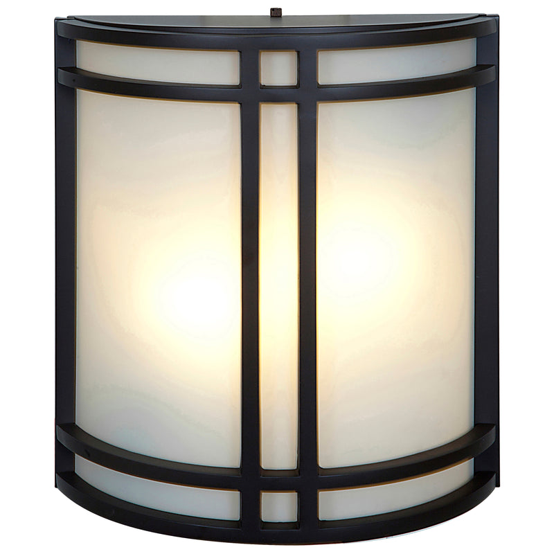 Decorative wall sconce with bronze frame and white glass on a white background