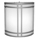 Satin round wall light fixture with glass cover on a white background