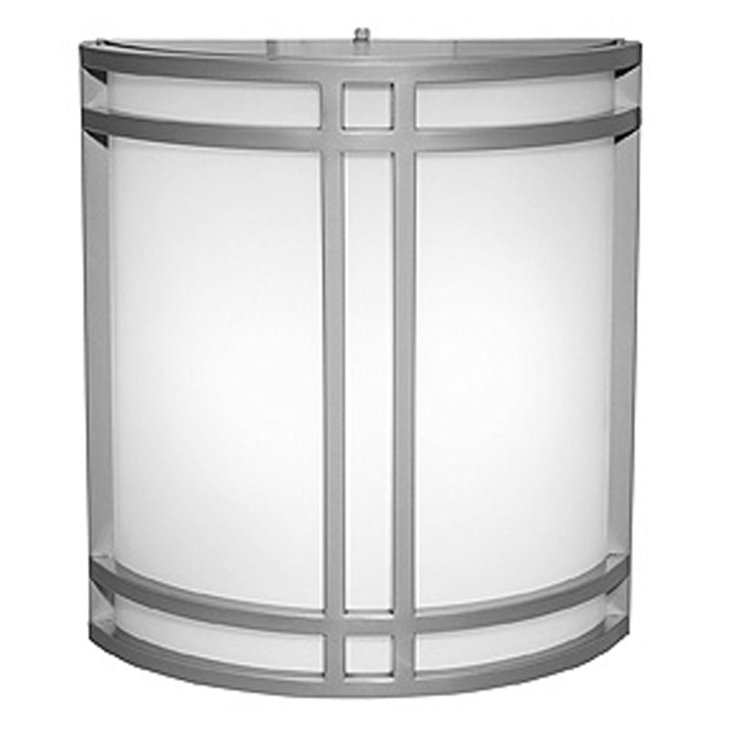 Satin round wall light fixture with glass cover on a white background