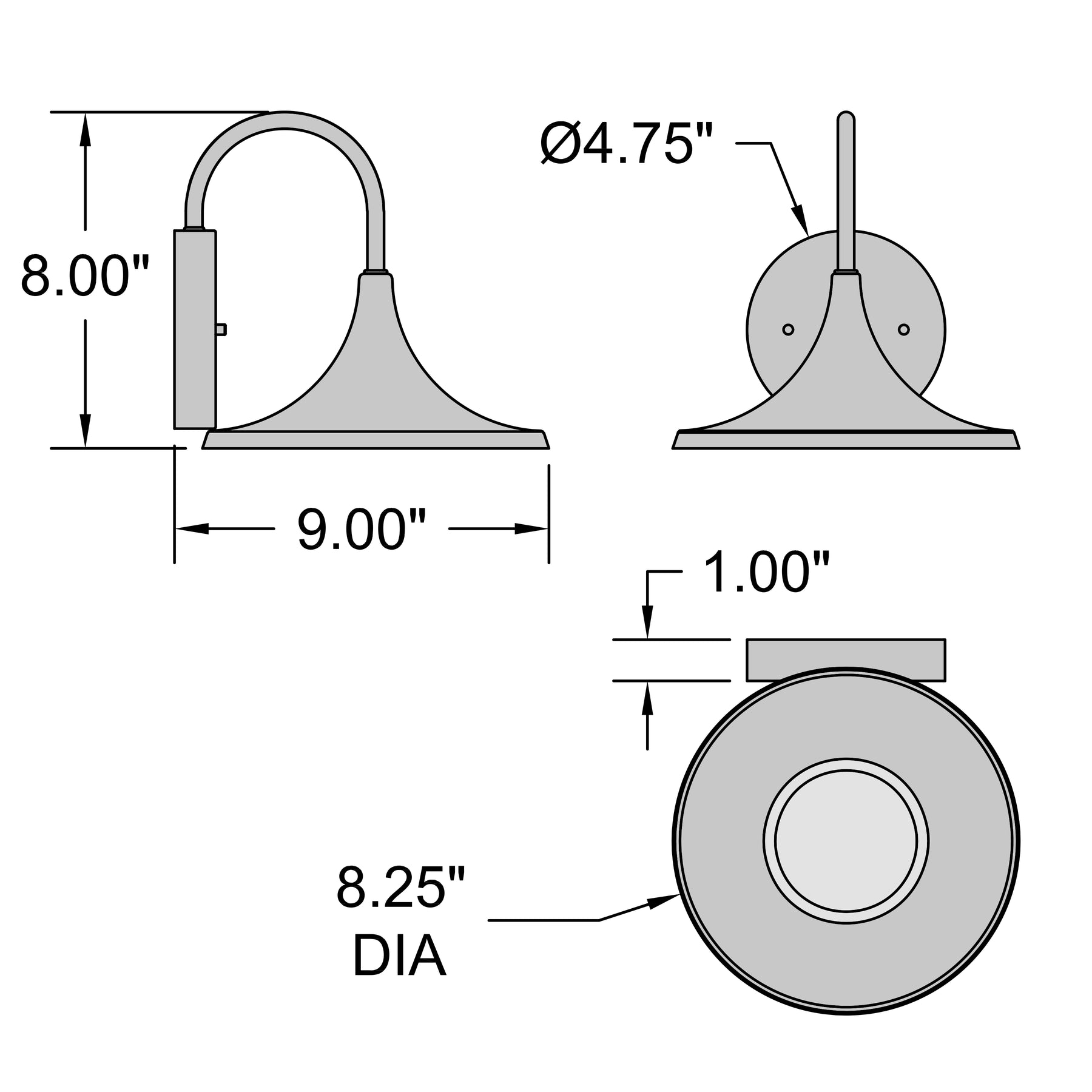 Technical drawing of a wall-mounted light fixture with dimensions labeled.