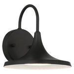 Black wall-mounted light fixture with a curved arm on a white background
