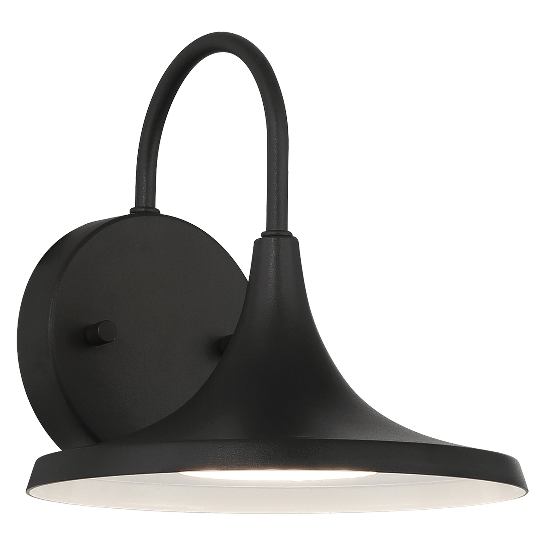 Black wall-mounted light fixture with a curved arm on a white background