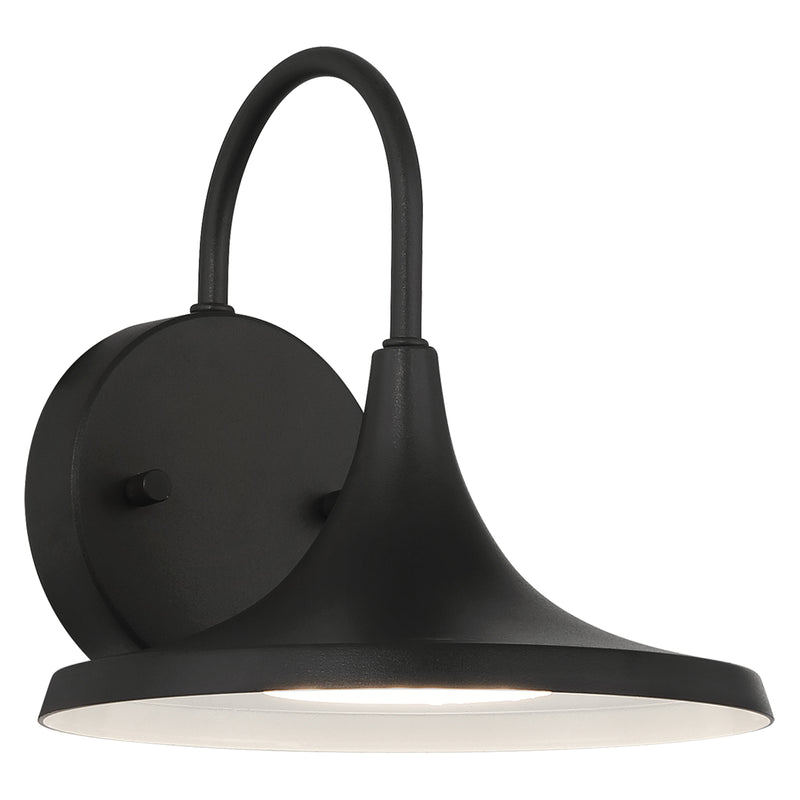 Black wall-mounted light fixture with a curved arm on a white background