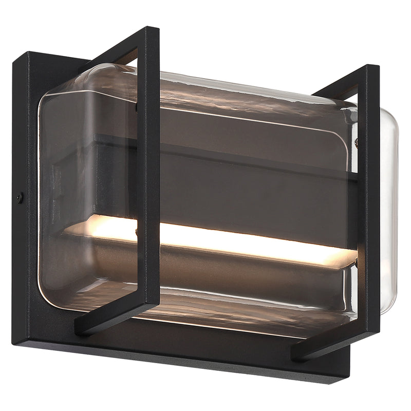 Modern outdoor wall light fixture with black frame and clear glass cover on a white background