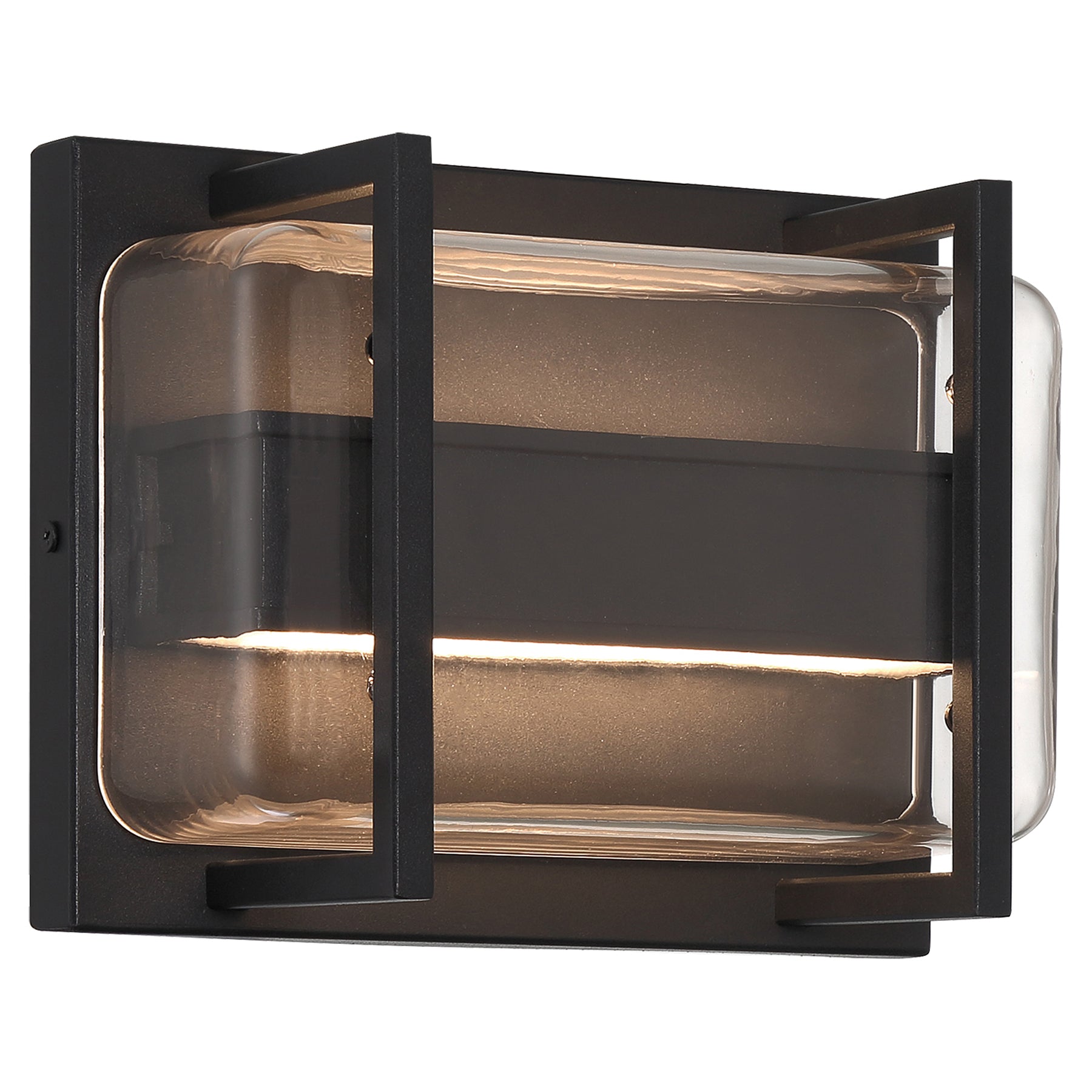Modern outdoor wall light fixture with black frame and glass panels on a white background