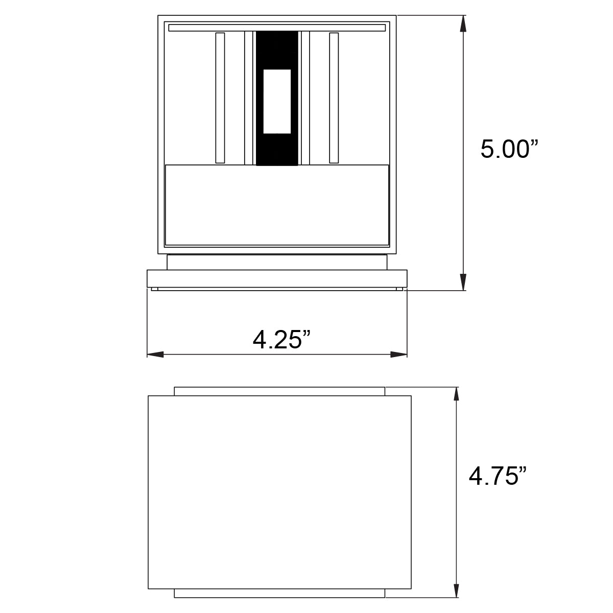 Technical drawing of a square Bi-Directional Outdoor LED Wall Mount with dimensions labeled
