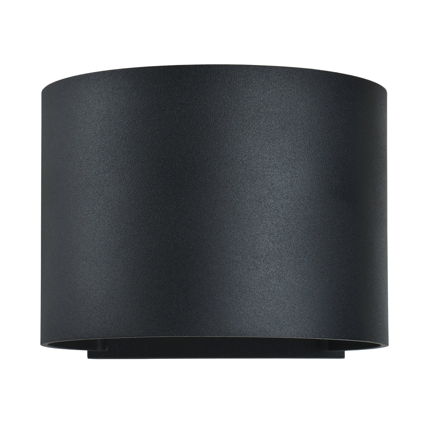 Black cylindrical wall light fixture on a white background