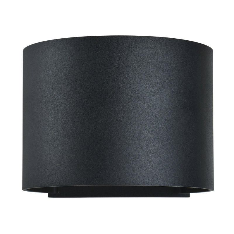 Black cylindrical wall light fixture on a white background