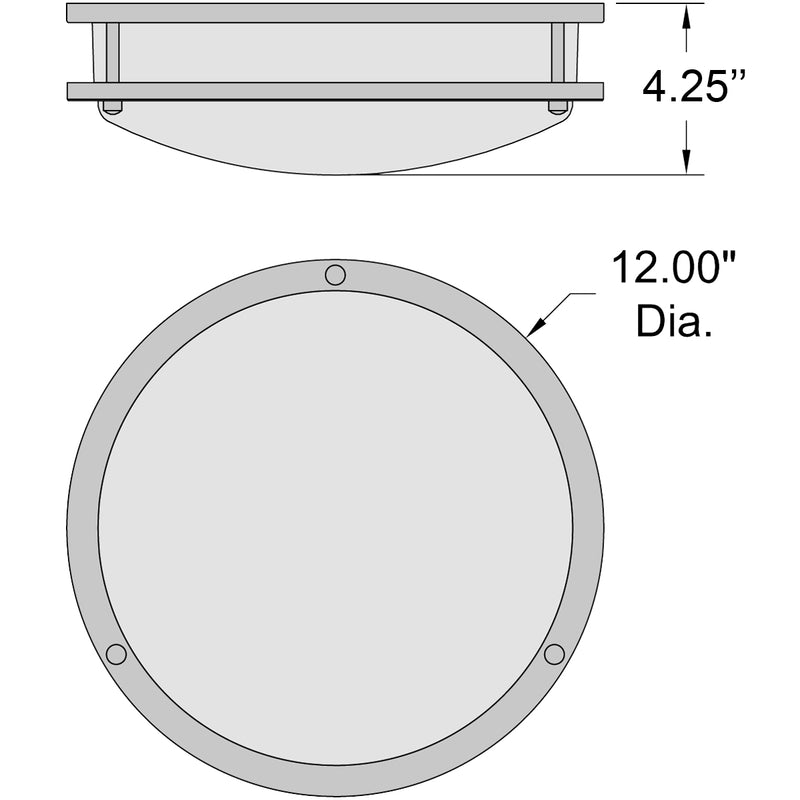 Diagram of a round flush mount with dimensions labeled