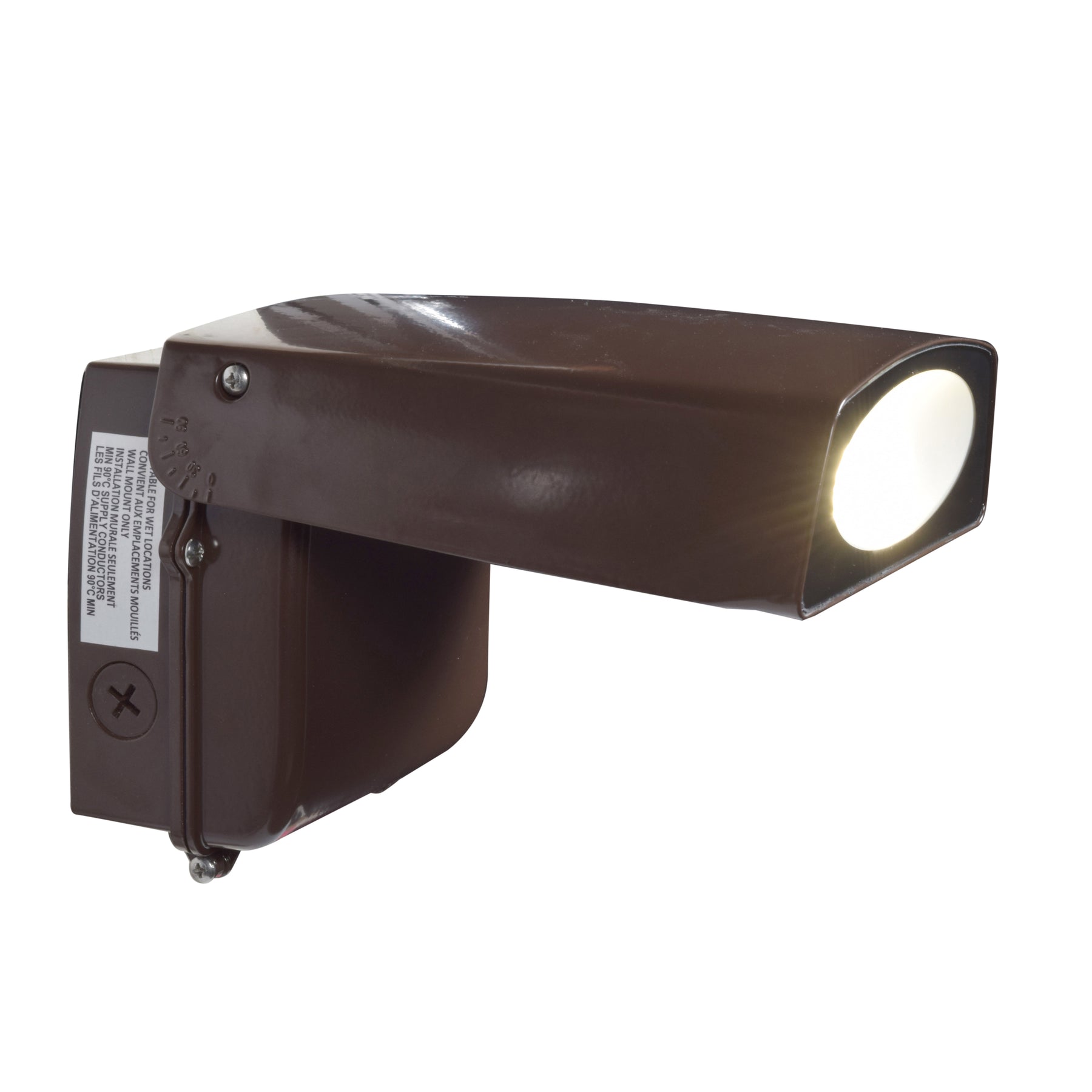Brown outdoor adjustable led wall pack spotlight with rectangular angled housing and bright circular light fixture