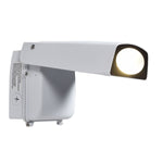 White outdoor adjustable led wall pack spotlight with sleek angular design and circular illuminated lens 2500 lumens