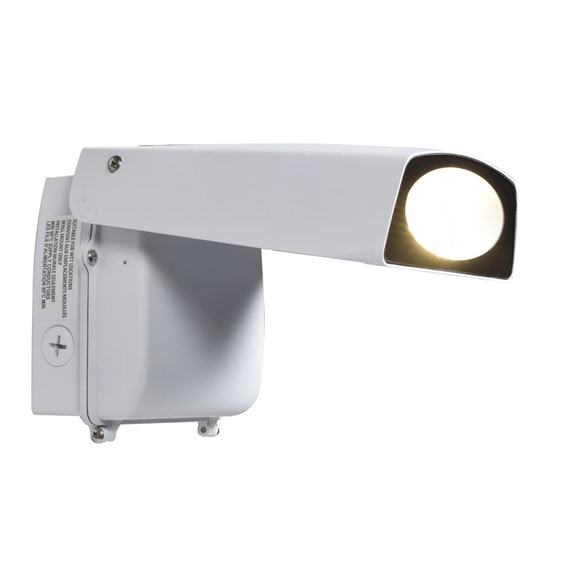 White outdoor adjustable led wall pack spotlight with sleek angular design and circular illuminated lens 2500 lumens