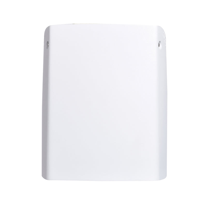 White rectangular wall-mounted hand dryer with minimalist design alongside black outdoor adjustable led wall pack fixture
