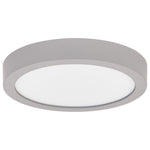Round Outdoor LED Flush Mount light fixture with silver rim and white interior on a white background