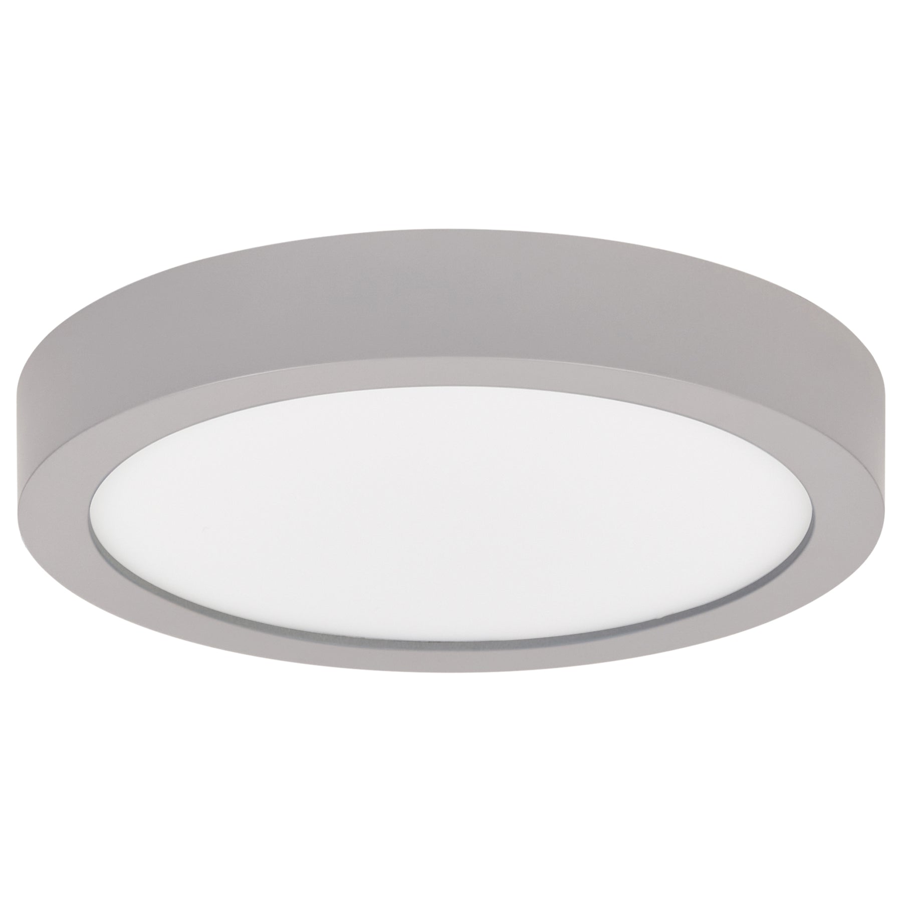 Round Outdoor LED Flush Mount light fixture with silver rim and white interior on a white background