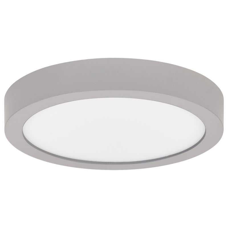 Round Outdoor LED Flush Mount light fixture with silver rim and white interior on a white background
