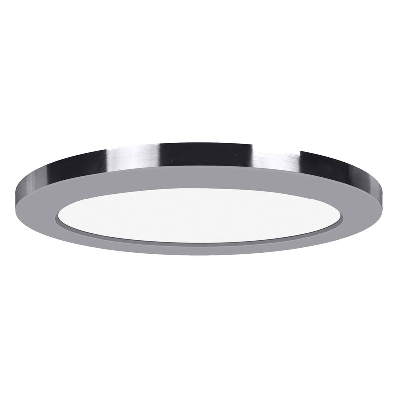 Round chrome LED Flush Mount light fixture with metallic rim on a white background