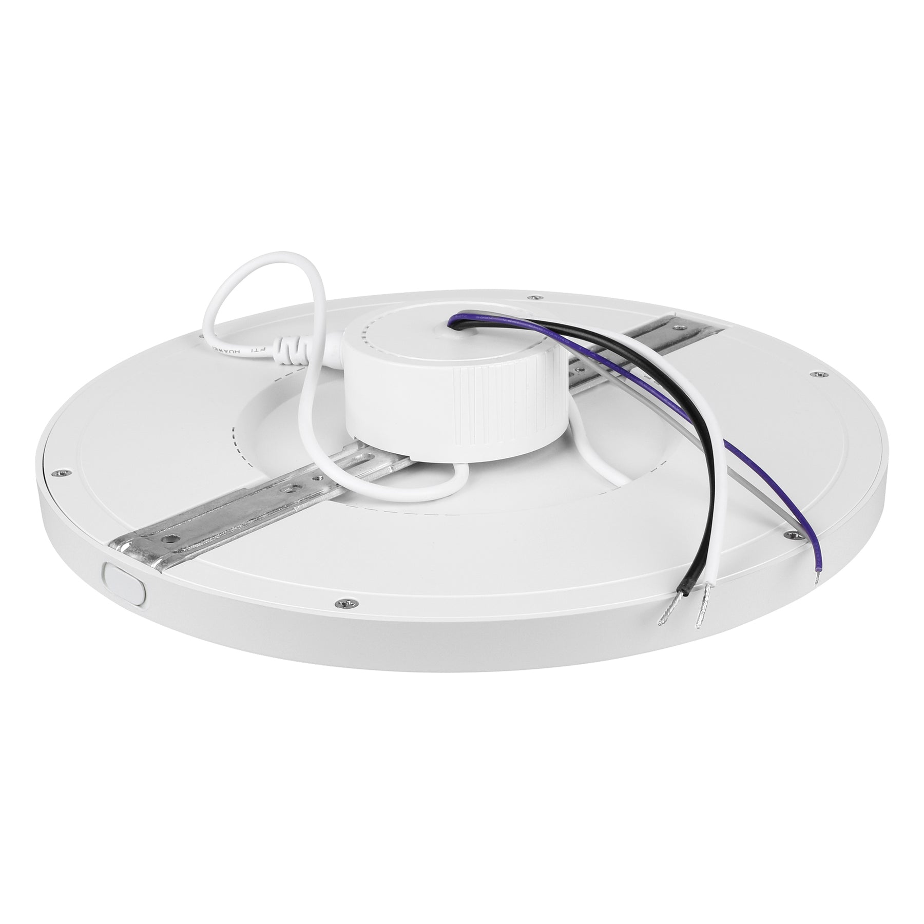 Round white LED Flush Mount light fixture with wiring on a white background