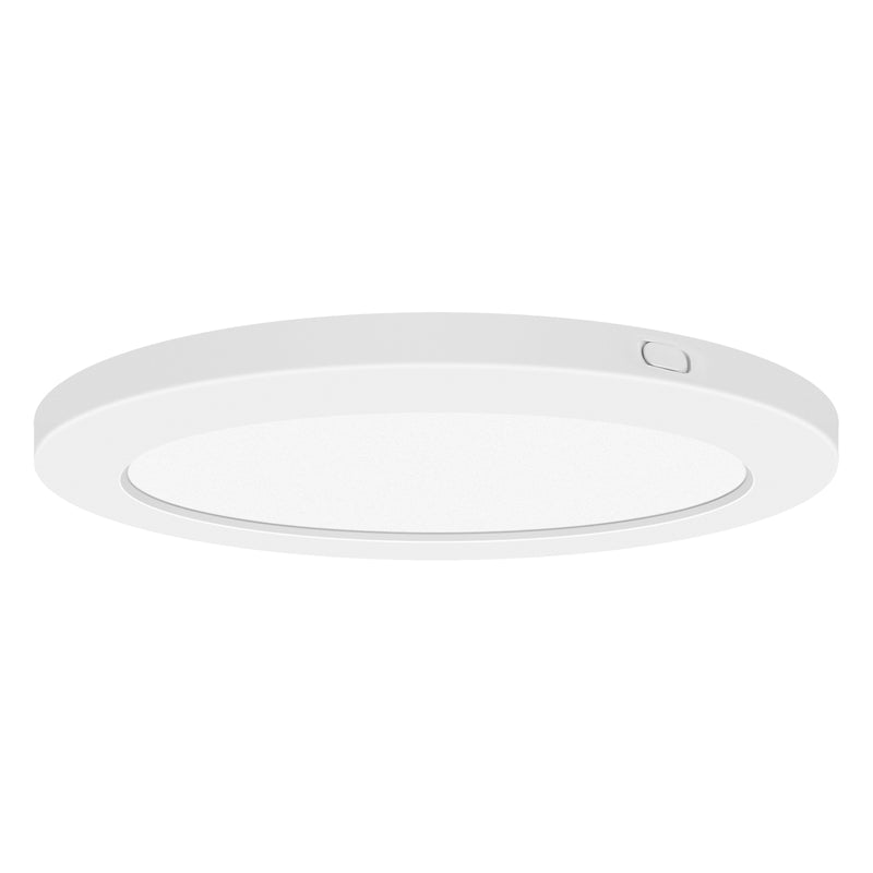 Round white LED Flush Mount light fixture on a white background