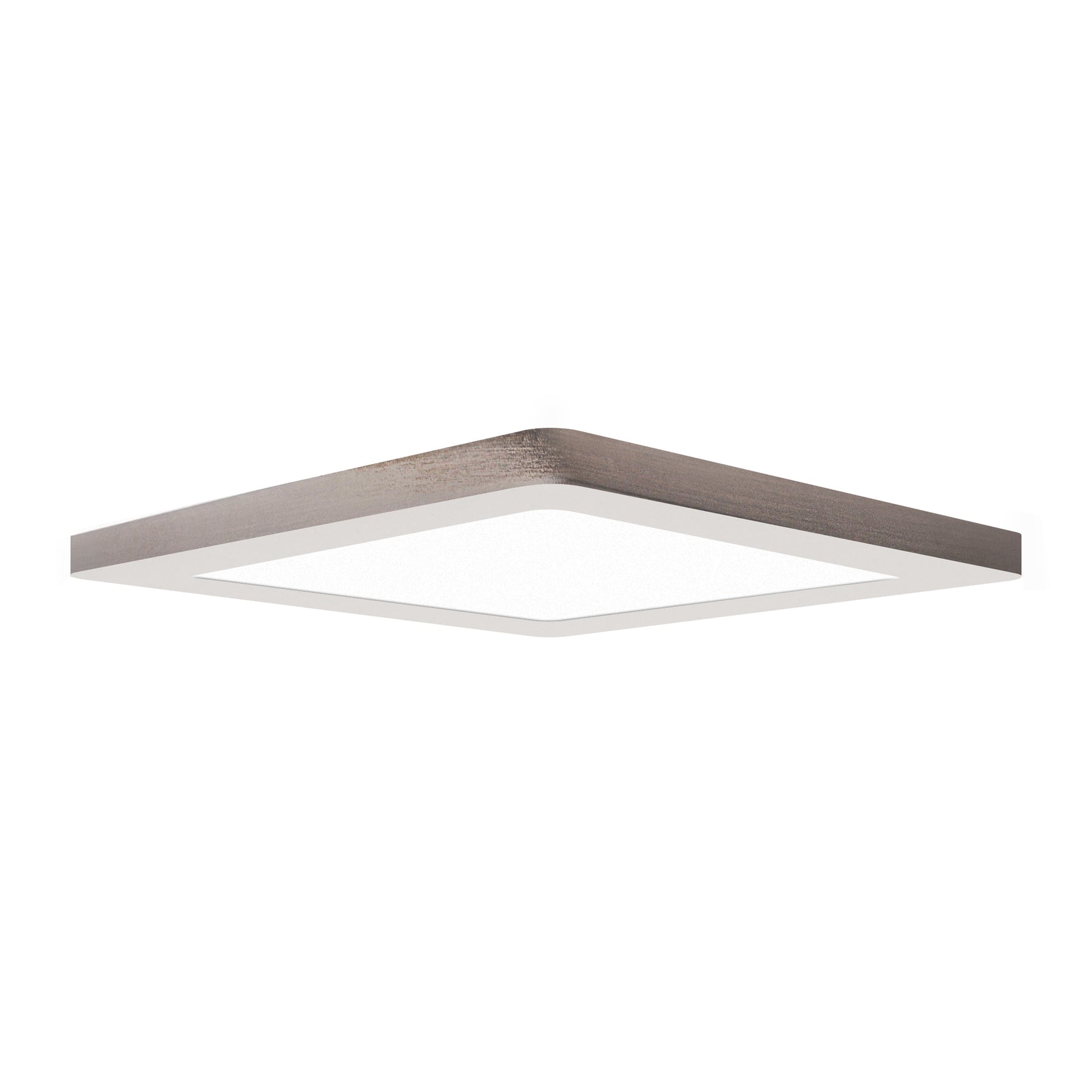 Square LED Flush Mount ceiling light fixture with a Brushed Steel frame on a white background