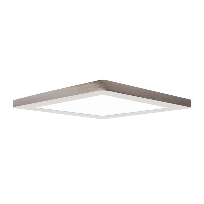 Square LED Flush Mount ceiling light fixture with a Brushed Steel frame on a white background