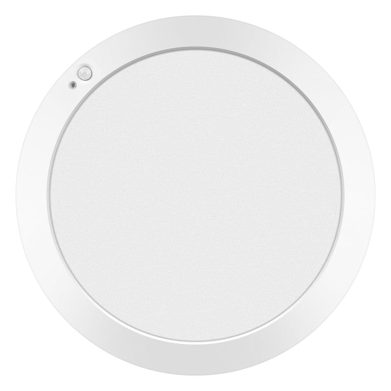 Round white Motion Sensor LED Flush Mount on a white background